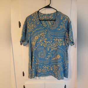 Flax Linen Floral Boho Short Sleeve Blouse